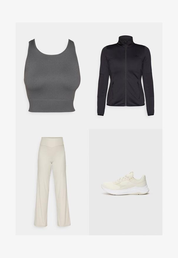 Giacca zip-up nera con colletto alto, realizzata in un tessuto liscio e elasticizzato, dotata di due tasche frontali con zip e maniche strutturate.; Top corto grigio a coste con scollo rotondo e banda aderente all'orlo. Realizzato in un tessuto elastico per comfort e libertà di movimento.; Pantaloni beige a gamba larga con una texture a costine, vita alta e taglio dritto. Presentano una leggera spacco all'orlo.; Scarpe sportive chiare, realizzate in rete e materiali sintetici, con una tomaia testurizzata, suola ammortizzata e un branding sobrio.