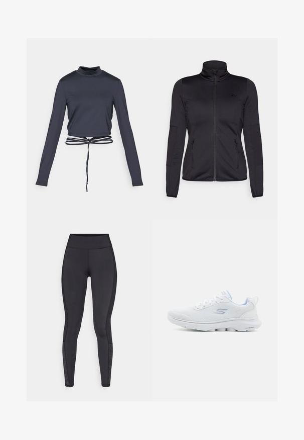 Must ehk üles tõmmatav jakk, millel on kõrge krae, valmistatud siledast ja venivast kangast, millel on kaks lukuga esikotid ja tekstureeritud varrukad.; Tumesid lühikeste varrukatega topp, mis on varustatud kõrge krae ja reguleeritava paelakinnitusega vöökoht. Sile, veniv kangas koos sobiva disainiga.; Mustad mustad, mis on valmistatud venivast materjalist. Kõrge vöökoht, sile tekstuur, millel on mustritooted sääres.; Valge spordijalanõu, mille ülemine osa on valmistatud hingavast võrkkangast, helesinised aksessuaarid ja pehmendusega tallaosa, millel on tekstuuriga haardemuster.