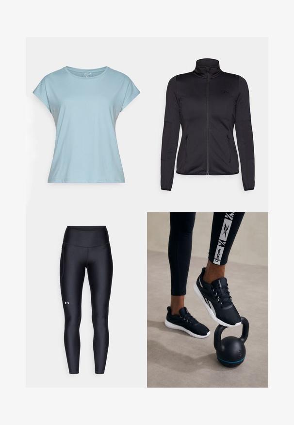 Svart zip-up jakke med høy krage, laget av glatt, elastisk stoff, med to glidelås-lommer foran og teksturerte ermer.; Lyseblå t-skjorte med korte ermer laget av mykt stoff. Har rund hals, avslappet passform og sømmer. Ingen mønstre eller dekorasjoner.; Sorte leggings laget av glatt, elastisk materiale med høy midje. Har en hvit logo på venstre lår og en tettsittende design.; Svarte joggesko med strukturert overdel, hvit såle og grå aksenter, plassert på en svart kettlebell med blå stripe, mot en nøytral bakgrunn.