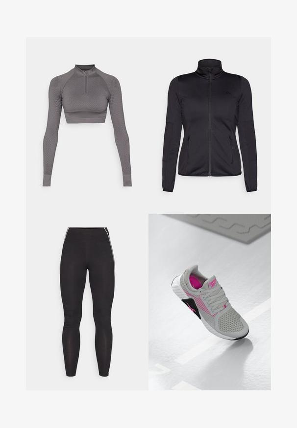 Must ehk üles tõmmatav jakk, millel on kõrge krae, valmistatud siledast ja venivast kangast, millel on kaks lukuga esikotid ja tekstureeritud varrukad.; Hallide halli pikepikkade varrukatega topp poolsihriga, tekstuuriga mustriga ja figureeriva disainiga; varrukatel on soonilised äärised ja kõrge kaelus.; Mustad mustad retuusid, mis on valmistatud venivast materjalist ja kõrge vöökoht. Omab valgeid külgkreedo ja ühtlast tekstuuri.; Hallhalli ja roosa Reebok spordijalats, millel on võrgusilma ülemine ja detailne tallakujundus, väljapanek peegeldaval valgel pinnal.