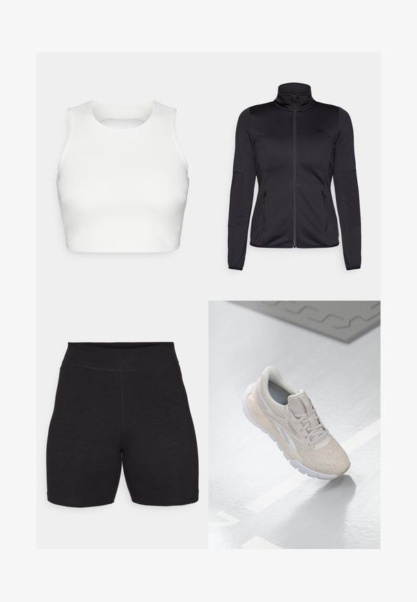 Musta vetoketjullu takki korkealla kauluksella, valmistettu sileästä ja joustavasta kankaasta, jossa on kaksi vetoketjullista etutaskua ja teksturoituja hihoja.; Valkoinen ilman hihoja oleva crop-top, joka on valmistettu sileästä kankaasta. Siinä on pyöreä kaula-aukko ja avonainen selkäosa, sekä siistit saumat reunoilla.; Mustat pyöräilyshortsit, joissa on korkea vyötärö, valmistettu joustavasta ja pehmeästä kankaasta. Sisältää litteät saumat ja sileän pinnan mukavuutta varten.; Vaaleabeige urheilusukka, jossa on rei'itetty päällinen, tekstuuriset aksentit, pehmustettu nilkkareunus ja valkoinen kumipohja, suunniteltu mukavuutta ja hengittävyyttä varten.