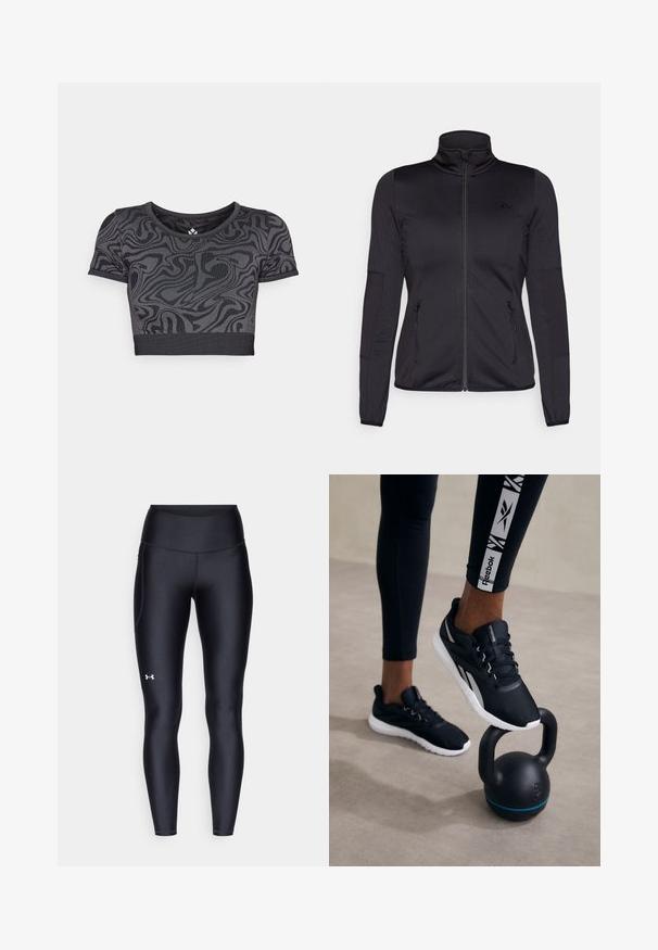 Sort zip-jakke med høj krave, fremstillet af glat, strækbart stof, med to lynlåslommer foran og strukturerede ærmer.; Sort cropped skjorte med et svajende mønster. Fremstillet af strækbart stof med rund halsudskæring og korte ærmer. Vandret ribbet kant.; Sorte leggings lavet af glat, strækbart materiale med høj talje. Har et hvidt logo på venstre lår og en tætsiddende design.; Svarte atletiske sko med en tekstureret overdel, hvid sål og grå accenter, placeret på en sort kettlebell med en blå stribe, mod en neutral baggrund.
