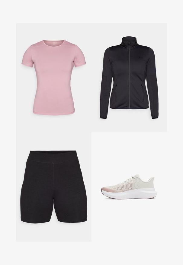 Čierna zipsová bunda s vysokým golierom, vyrobená z hladkého, elastického materiálu, so zipsovými prednými vreckami a štruktúrovanými rukávmi.; Krátky rukáv tričko v jemnej ružovej farbe, textilný materiál s jemnou štruktúrou a priliehavým strihom. Má okrúhly výstrih a štandardný lem bez ozdôb.; Čierne cyklistické kraťasy s vysokým pásom, vyrobené z pružného, mäkkého materiálu. Má ploché švy a hladkú textúru pre pohodlie.; Ľahké atletické topánky s priedušným bielym sieťovaným zvrškom, gradientovými ružovými akcentmi a hrubou bielou podrážkou s textúrovanými detailmi.
