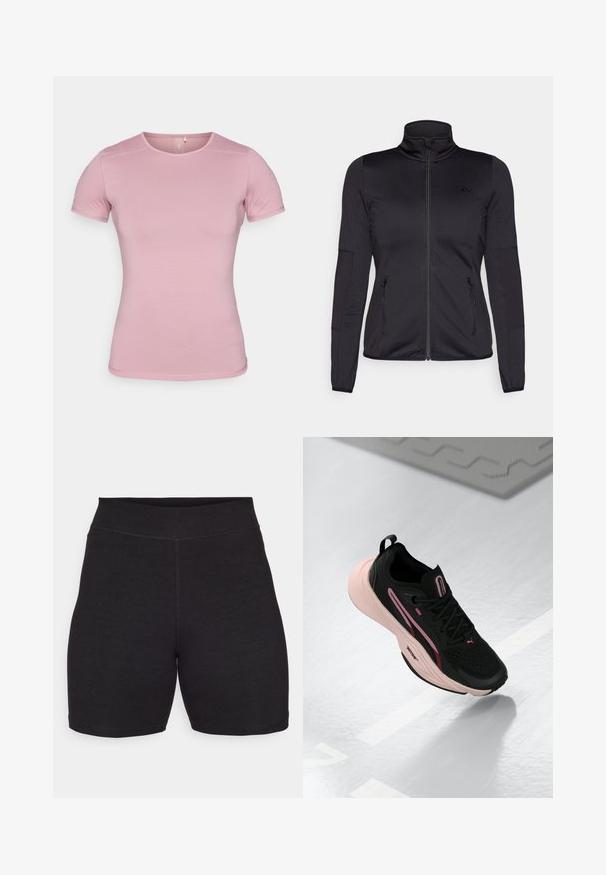 Jaqueta preta com fecho éclair e gola alta, feita de um tecido liso e elástico, apresentando dois bolsos frontais com fecho éclair e mangas texturizadas.; T-shirt de manga curta em rosa suave, com tecido texturizado e forma ajustada. Apresenta um decote redondo e barra padrão sem adornos.; Calções de ciclismo pretos com uma cintura alta, feitos de um tecido elástico e suave. Apresentam costuras planas e uma textura lisa para conforto.; Sapatilha atlética preta com detalhes em rosa e uma parte superior texturizada. Apresenta uma sola rosa almofadada e atacadores pretos. Design leve para desempenho.