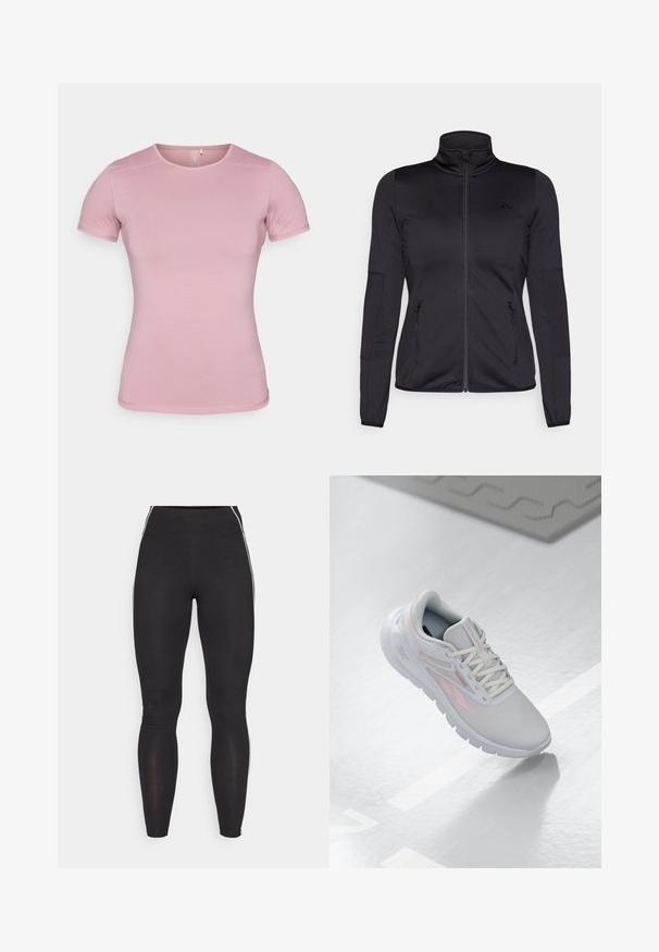 Černá bunda na zip s vysokým límcem, vyrobená z hladkého, elastického materiálu, se dvěma předními kapsami na zip a texturovanými rukávy.; Tričko s krátkým rukávem v měkké růžové barvě, texturovaná tkanina s přiléhavým střihem. Má kulatý výstřih a standardní lem bez ozdob.; Černé legíny vyrobené z pružného materiálu s vysokým pasem. Obsahují bílé boční pruhy a hladký povrch po celém obvodu.; Světle šedá sportovní bota s růžovými akcenty, síťovinovým svrškem, zaoblenou špičkou, polstrovanou podrážkou a šněrováním. Povrch je hladký a reflexní.
