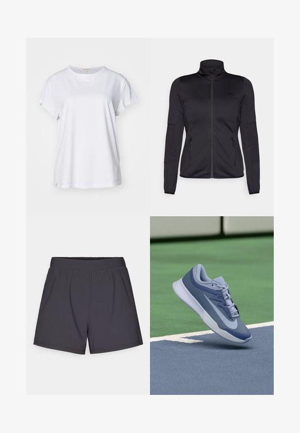 Črna jakna na zadrgo z visokim ovratnikom, izdelana iz gladkega, raztegljivega materiala, z dvema sprednjima žepoma na zadrgo in teksturiranimi rokavi.; Yogasearcher NAMASTE - Potiskana majica - white; Črne športne kratke hlače iz lahkega, elastičnega materiala. Imajo elastičen pas in preprost, brez okrasja oblikovanje.; Športni copat v svetlo modri in mornarski barvi, z teksturirano zgornjim delom, ravnimi vezalkami in lahko belo podplatom. Dvigovan nad igrališčem.