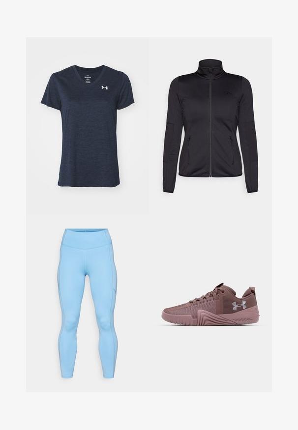 Fekete cipzáras dzseki magas gallérral, sima, rugalmas anyagból készült, elöl két cipzáras zsebbel és texturált ujakkal.; Sötétkék V nyakú póló, rövid ujjú, textúrált, könnyű anyagból készült. Kicsi ezüst logó található a bal felső mellen.; Világoskék, rugalmas anyagból készült leggings. Magas derékkal, sima textúrával és ívelt varratokkal rendelkezik a lábak mentén.; Sötét rózsaszín sportcipők, texturált hálós felsőrész, gumitalp és hangsúlyos tapadási minta; oldalon logóval és párnázott bokarésszel rendelkezik.