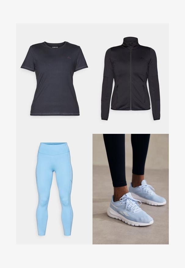 Black zip-up jacket with a high collar, constructed from smooth, stretchy fabric, featuring two zippered front pockets and textured sleeves.; Short-sleeve, crew-neck t-shirt in dark navy with a smooth texture and contrasting pink logo accent on the chest.; Light blue leggings made of stretchy fabric. Features a high waistband, smooth texture, and curved seams along the legs.; Light blue athletic sneakers with mesh fabric, padded collar, and white sole. Features laces and side stripes in a contrasting white.