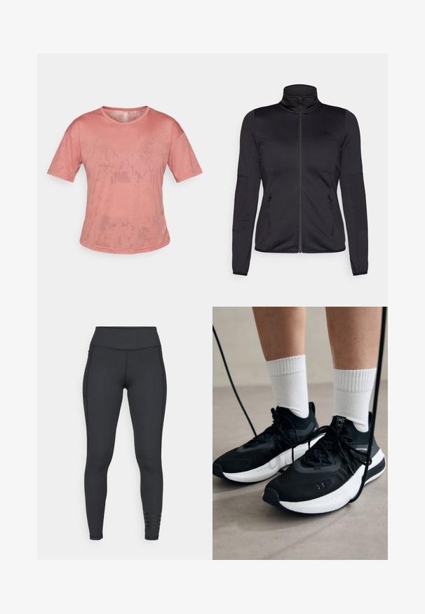 Jaqueta preta com fecho éclair e gola alta, feita de um tecido liso e elástico, apresentando dois bolsos frontais com fecho éclair e mangas texturizadas.; T-shirt de manga curta rosa feito de tecido suave. Apresenta um decote redondo e um corte descontraído, com padrões de textura subtis na superfície.; Leggings pretos feitos de material elástico, com uma cintura alta, design elegante e detalhes de riscas perto do tornozelo.; Sapatilhas desportivas pretas com tecido texturizado, sola branca e atacadores pretos. Usadas com meias brancas caneladas, a pé sobre uma superfície clara.