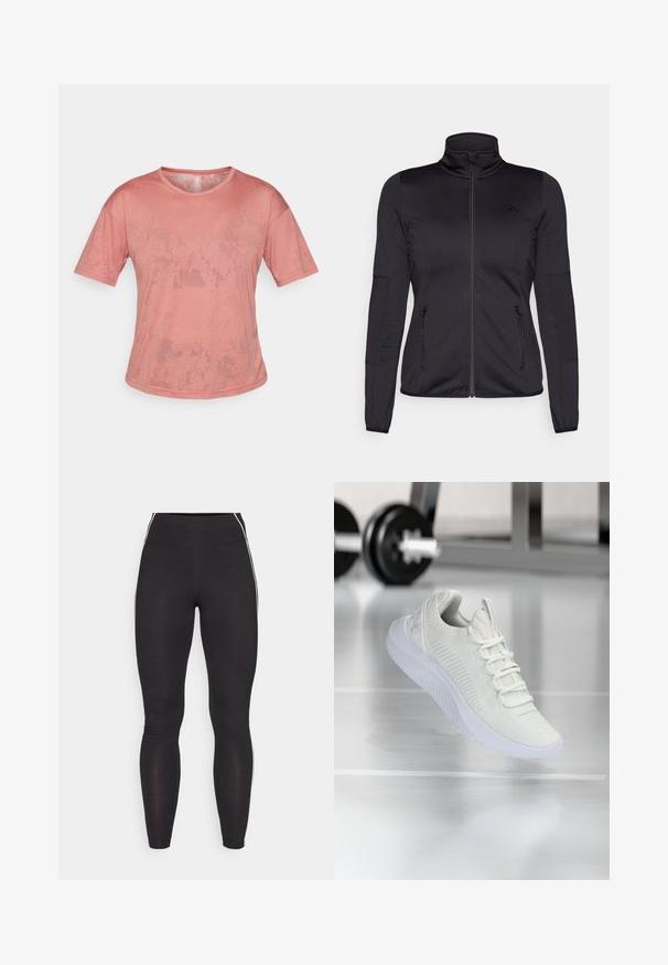 Musta vetoketjullu takki korkealla kauluksella, valmistettu sileästä ja joustavasta kankaasta, jossa on kaksi vetoketjullista etutaskua ja teksturoituja hihoja.; Vaaleanpunainen lyhythihainen t-paita, joka on valmistettu pehmeästä kankaasta. Siinä on pyöreä pääntie ja rento istuvuus, jonka pinnassa on hienovaraisia tekstuurikuvioita.; Mustat legginssit, jotka on valmistettu joustavasta materiaalista ja joissa on korkea vyötärö. Niissä on valkoiset sivujuovat ja sileä pinta kauttaaltaan.; Valkoiset urheilukengät, joissa on teksturoitu verkkopintainen yläosa ja nauhoitusjärjestelmä. Kenkäpareissa on pehmustettu valkoinen pohja ja hienovaraiset uritetut yksityiskohdat.
