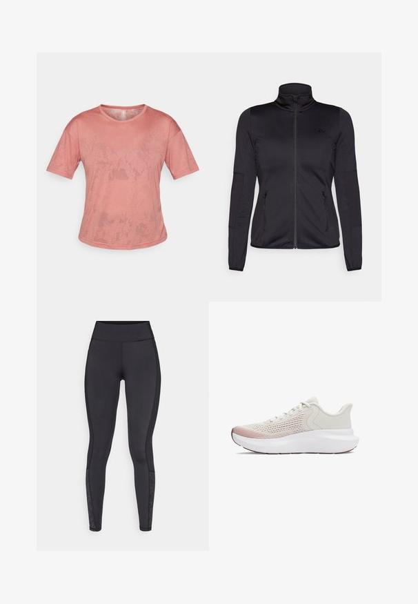 Czarna kurtka na zamek z wysokim kołnierzem, wykonana z gładkiego, elastycznego materiału, posiadająca dwie kieszenie z przodu na zamek oraz fakturowane rękawy.; Różowa koszulka z krótkim rękawem, wykonana z miękkiego materiału. Posiada okrągły dekolt i luźny krój, z delikatnymi wzorami tekstury na powierzchni.; Czarne legginsy wykonane z elastycznego materiału. Wysoki stan, gładka tekstura, zdobione wzorzystymi akcentami na dolnej części nogawki.; Lekki obuwie sportowe z oddychającą, białą siateczką, gradientowymi różowymi akcentami i grubą białą podeszwą z teksturowaniem.