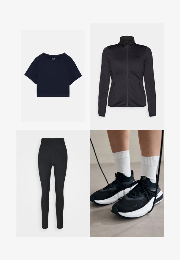 Črna jakna na zadrgo z visokim ovratnikom, izdelana iz gladkega, raztegljivega materiala, z dvema sprednjima žepoma na zadrgo in teksturiranimi rokavi.; Temno modra skrajšana majica s kratkimi raglan rokavi, okroglo izrezano ovratnikom in teksturiranimi stranskimi poudarki. Narejena iz mehke, udobne tkanine.; Črne legice iz raztegljivega materiala, z visokim pasom, rebrastimi paneli ob straneh in prilegajočim dizajnom, ki se zoži pri gležnjih.; Črne športne čevlje z strukturirano tkanino, belo podplatom in črnimi vezalkami. Nosi se z belimi rebrastimi nogavicami, stoje na svetli površini.