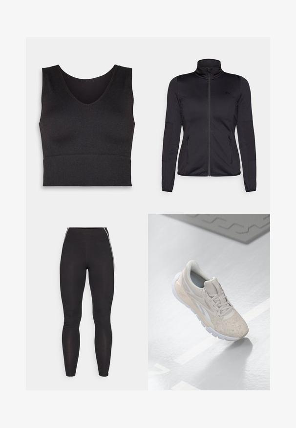 Črna jakna na zadrgo z visokim ovratnikom, izdelana iz gladkega, raztegljivega materiala, z dvema sprednjima žepoma na zadrgo in teksturiranimi rokavi.; Črn rebrast crop top z V-izrezom in prilegajočim dizajnom. Material je raztegljiv, kar omogoča tesno prileganje in gladko teksturo.; Črne legice iz raztegljivega materiala z visokim pasom. Imajo bele stranske črte in gladko teksturo po vsej dolžini.; Svetlo bež športni čevelj s perforiranim zgornjim delom, teksturiranimi detajli, oblazinjenim ovratnikom in belim gumijastim podplatom, zasnovan za udobje in zračnost.