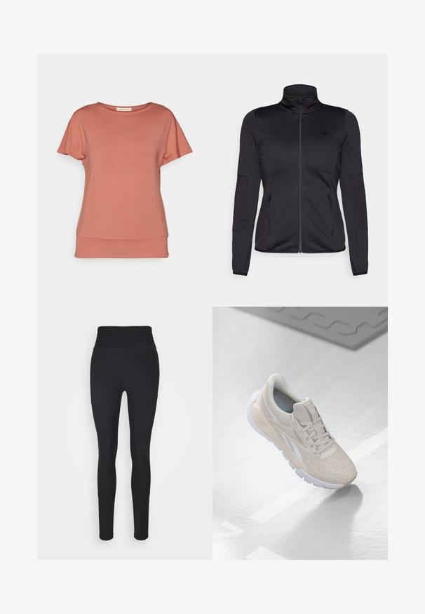 Juoda zip-up striukė su aukštu apykakle, pagaminta iš lygaus, elastingo audinio, turinti dvi užtrauktukais uždaromas priekinės kišenes ir tekstūruotas rankoves.; Yogasearcher MEDE - Paprasti marškinėliai - cedar; Juodos tamprės, pagamintos iš elastingos medžiagos, su aukštu liemeniu, šoninėmis raukšlėmis ir priglundančia forma, siaurėjančia ties kulkšnimis.; Šviesiai smėliniai sportiniai batai su perforuotu viršumi, tekstūruotomis detalėmis, paminkštintu apvadu ir balta guma, sukurti komfortui ir kvėpuojamumui.