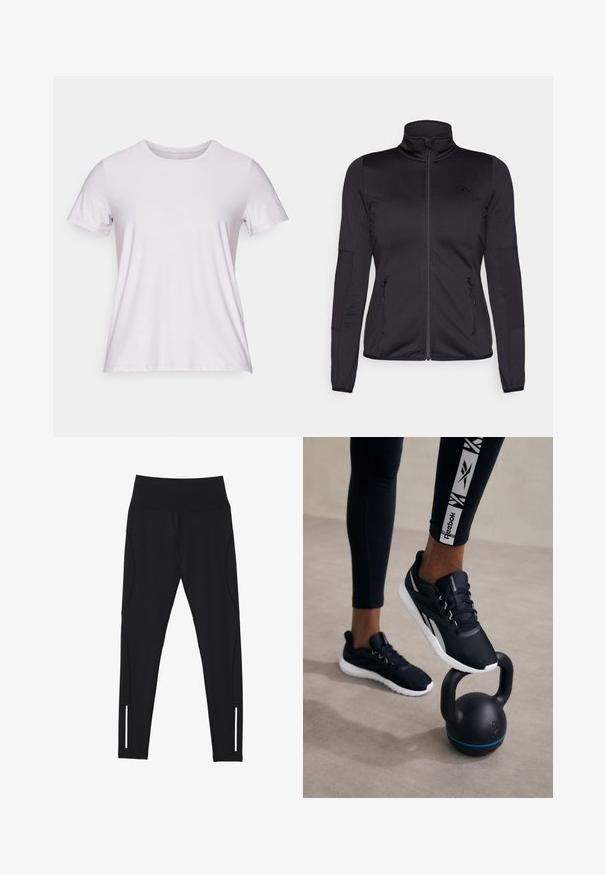 Schwarze Zip-Jacke mit hohem Kragen, gefertigt aus glattem, dehnbarem Material, mit zwei vorderen Reißverschlusstaschen und strukturierten Ärmeln.; Kurzärmliges T-Shirt mit Rundhalsausschnitt aus leicht lila Stoff mit glatter Textur und minimalen Nähten, geeignet für die Freizeit.; Schwarze Leggings aus dehnbarem Material, mit hohem Taillenbund, Seitennähten und reflektierenden Akzenten in der Nähe des Knöchels für Sichtbarkeit.; Schwarze Sportschuhe mit strukturiertem Obermaterial, weißen Sohlen und grauen Akzenten, positioniert auf einer schwarzen Kettlebell mit einem blauen Streifen, vor einem neutralen Hintergrund.