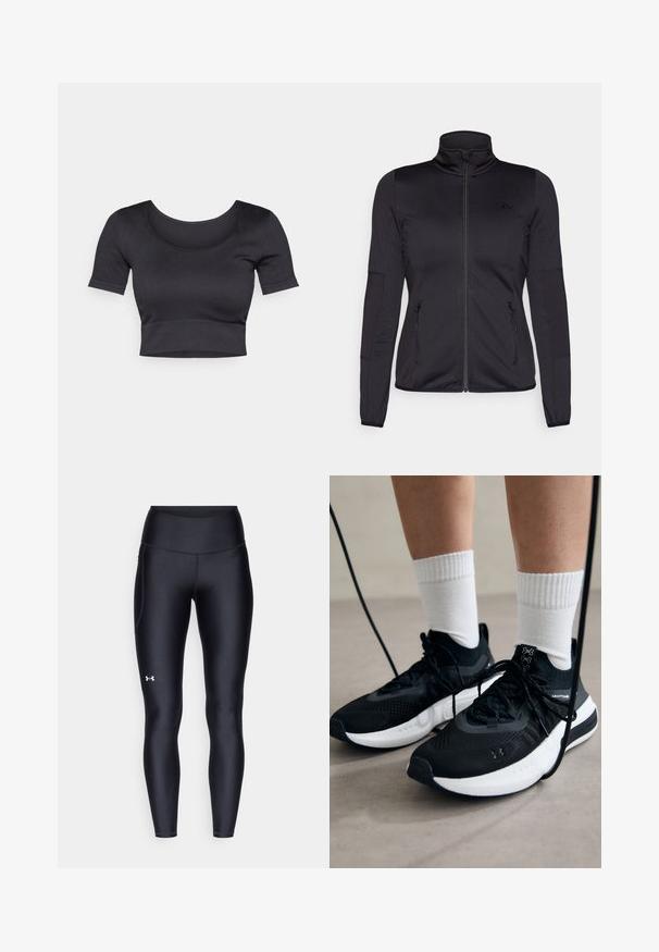 Sort zip-jakke med høj krave, fremstillet af glat, strækbart stof, med to lynlåslommer foran og strukturerede ærmer.; Sort ribbet cropped top med korte ærmer, bred rund halsudskæring og en tætsiddende kant i bunden. Blød tekstur, afslappet design.; Sorte leggings lavet af glat, strækbart materiale med høj talje. Har et hvidt logo på venstre lår og en tætsiddende design.; Sorte sportssko med tekstureret stof, hvid sål og sorte snørebånd. Båret med hvide ribbede sokker, stående på en lys overflade.