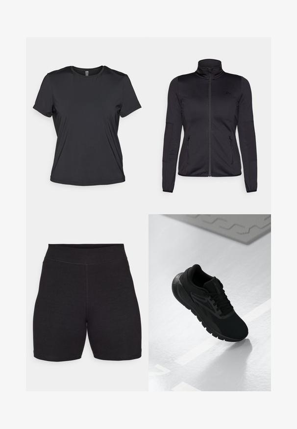 Čierna zipsová bunda s vysokým golierom, vyrobená z hladkého, elastického materiálu, so zipsovými prednými vreckami a štruktúrovanými rukávmi.; Čierne krátke tričko s krátkym rukávom vyrobené z hladkej, ľahkej tkaniny s okrúhlym výstrihom a voľným strihom. Bezšvová konštrukcia pre pohodlie.; Čierne cyklistické kraťasy s vysokým pásom, vyrobené z pružného, mäkkého materiálu. Má ploché švy a hladkú textúru pre pohodlie.; Čierna atletická obuv s sieťovaným vrchom, okrúhlou špičkou, polstrovanou podrážkou a textúrovanými detailami, umiestnená na hladkom bielom povrchu.