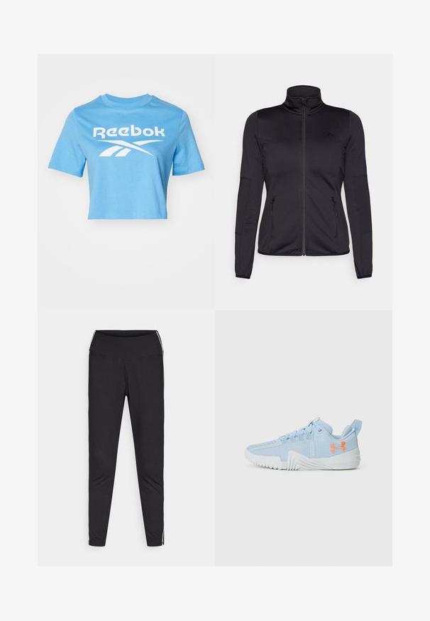 Must ehk üles tõmmatav jakk, millel on kõrge krae, valmistatud siledast ja venivast kangast, millel on kaks lukuga esikotid ja tekstureeritud varrukad.; Hele sinine lühikeste varrukatega puuvillane lõikega T-särk, millel on valge Reebok logo ja graafiline disain. Ringkaelus.; Mustad must leggings venivast kangast. Kõrge vöökoht, kitsenev lõige, valged külgtriibud välimistel õmblustel. Sile pind.; Heled sinine spordijalanõud, mis on valmistatud võrgumaterjalist, millel on tekstuuriga talla, esitades oranži logo ja paeltega disaini.