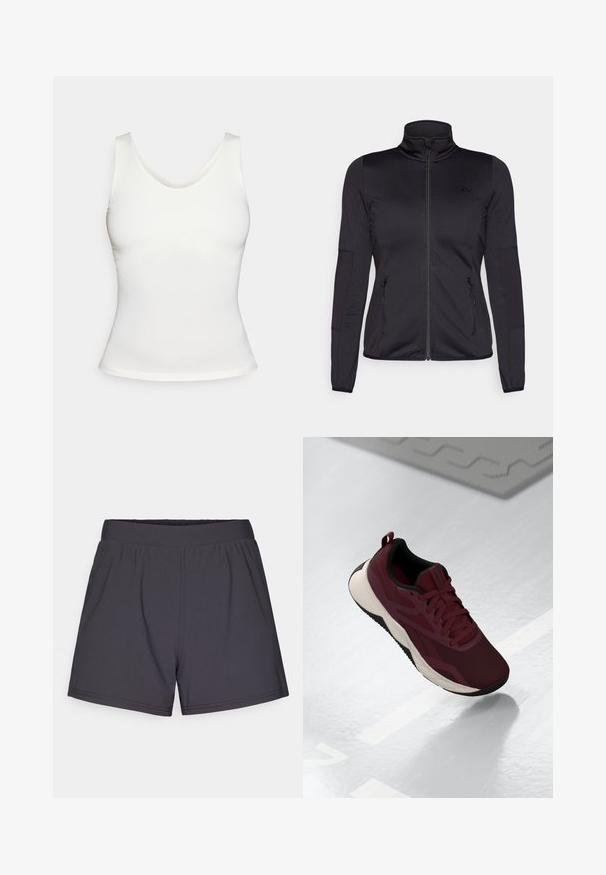 Czarna kurtka na zamek z wysokim kołnierzem, wykonana z gładkiego, elastycznego materiału, posiadająca dwie kieszenie z przodu na zamek oraz fakturowane rękawy.; Biały, bezrękawnik, dopasowany top z okrągłym dekoltem na jednolitym białym tle.; Czarne szorty sportowe wykonane z lekkiego, elastycznego materiału. Posiadają elastyczny pas i prosty, nieozdobiony design.; Bordowe buty sportowe z siateczkową cholewką, czarnymi akcentami i wyściełaną białą podeszwą. Posiadają sznurowaną klamrę oraz uchwyt na pięcie.
