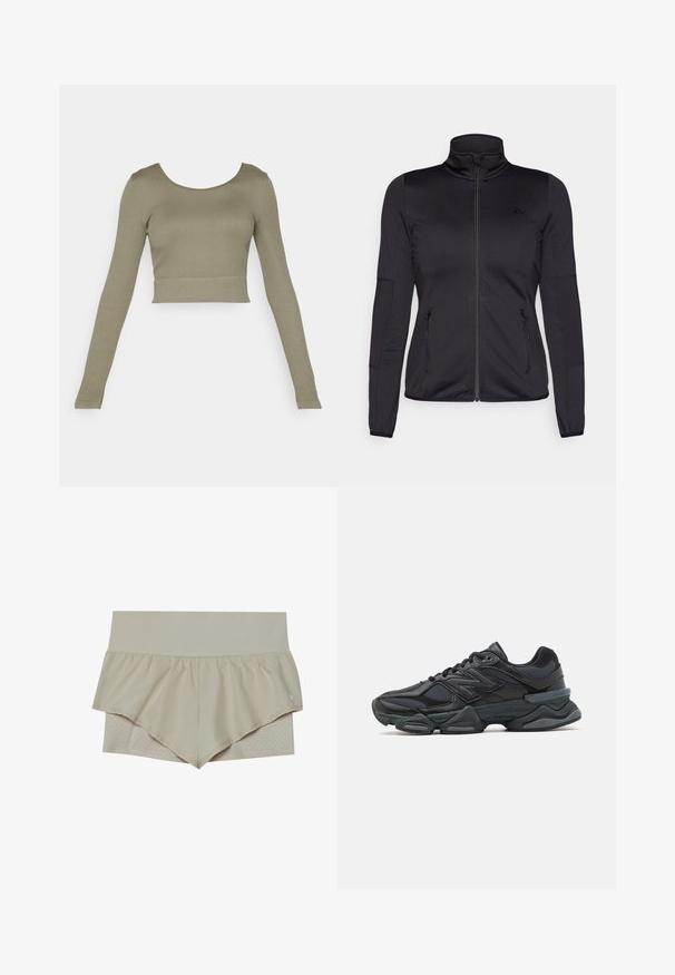 Jaqueta preta com fecho éclair e gola alta, feita de um tecido liso e elástico, apresentando dois bolsos frontais com fecho éclair e mangas texturizadas.; Top cropped de manga longa na cor verde-oliva, com uma textura canelada, decote redondo e mangas ajustadas, adequado para uso casual.; Calções atléticos bege com um design de babados em flare, apresentando uma camada inferior texturizada com perfurações. Cintura elástica para conforto.; Sapato de corrida preto com uma combinação de malha e materiais sintéticos, sola robusta, design curvado e uma marca de destaque na lateral.