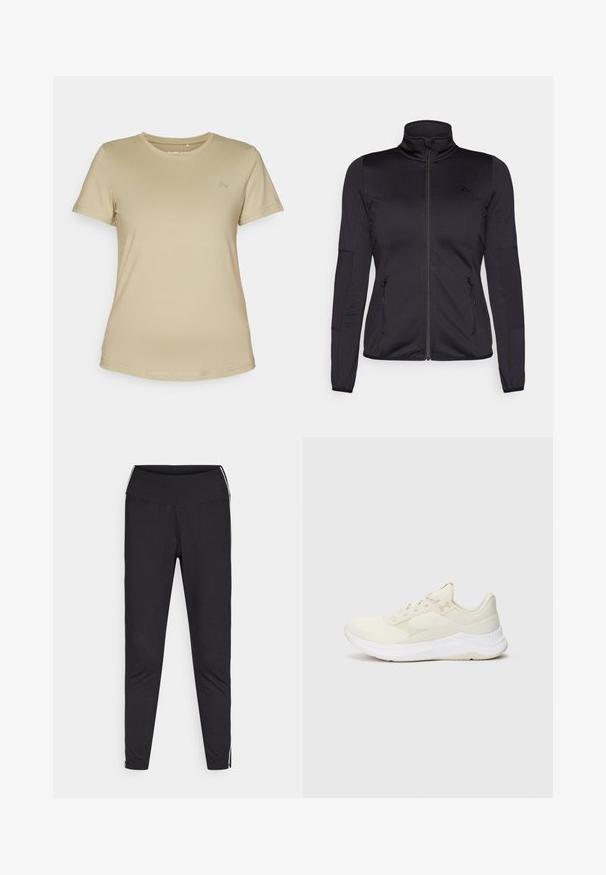 Svart zip-up jakke med høy krage, laget av glatt, elastisk stoff, med to glidelås-lommer foran og teksturerte ermer.; Beige kortermet t-skjorte i et glatt, elastisk stoff. Har rund hals og en subtil logo på øvre venstre brystområde.; Sorte leggings laget av elastisk stoff. Høy midje, tettsittende passform, med hvite side-striper langs de ytre sømmene. Glatt tekstur.; Lysfargede treningssko laget av mesh og syntetiske materialer, med en teksturert overdel, polstret såle og subtil merkevare.