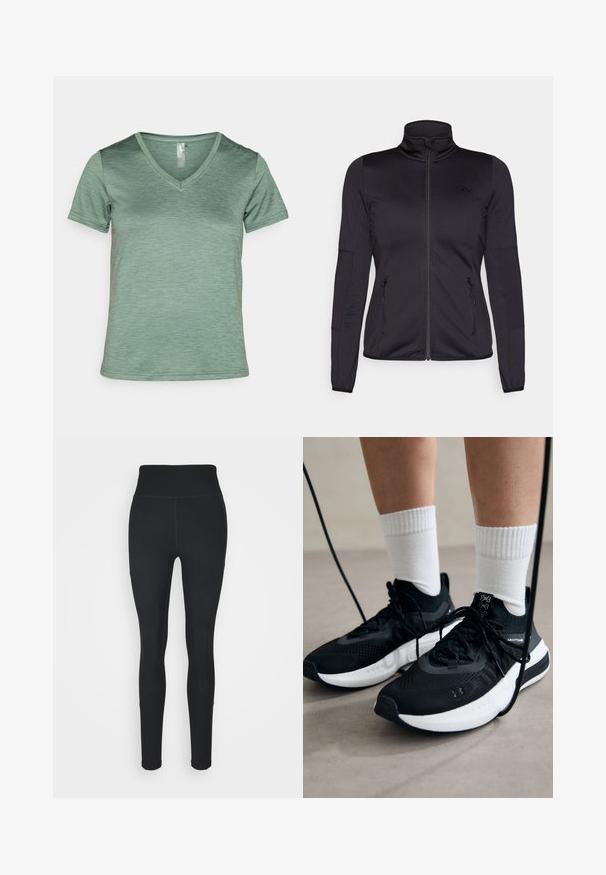 Sort zip-jakke med høj krave, fremstillet af glat, strækbart stof, med to lynlåslommer foran og strukturerede ærmer.; V-hals kortærmet t-shirt i lys grøn, lavet af et struktureret, letvægtsstof med et subtilt meleret mønster og syede kanter.; Sorte leggings lavet af strækbart stof, med høj talje, ribbede paneler på siderne og et tætsiddende design, der tapers ved anklerne.; Sorte sportssko med tekstureret stof, hvid sål og sorte snørebånd. Båret med hvide ribbede sokker, stående på en lys overflade.
