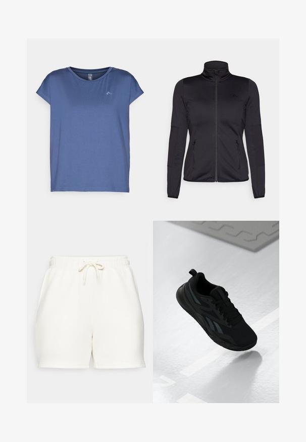 Must ehk üles tõmmatav jakk, millel on kõrge krae, valmistatud siledast ja venivast kangast, millel on kaks lukuga esikotid ja tekstureeritud varrukad.; ONLY Play ONPAUBREE LIFE ON BAT LOOSE TEE - Lihtne T-särk - vintage indigo; Kreemjas värvi lühikesed püksid pehmest kangast, elastse vöökoha ja paelaga, lõdva istuvusega. Nähtavaid taskuid ei ole.; Must mustus jalanõud, millel on võrgusilma ülemine osa, tekstuursete detailide ja tasase taldade kujuga. Mootoriga brändimine ja tõmbeaas jalatalla juures.