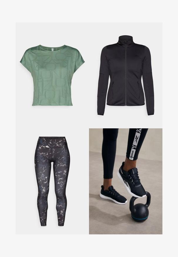 Chaqueta negra con cremallera y cuello alto, confeccionada en un tejido liso y elástico, que cuenta con dos bolsillos delanteros con cremallera y mangas con textura.; Camiseta verde de manga corta hecha de una tela ligera que presenta un patrón geométrico tonal. Cuello redondo y ajuste relajado con costuras laterales.; Leggings de talle alto en una base negra con un patrón veteado en colores apagados. Material suave y elástico con costuras de contraste y sin hardware visible.; Zapatillas deportivas negras con una parte superior texturizada, suela blanca y acentos grises, posicionadas sobre una kettlebell negra con una franja azul, contra un fondo neutro.