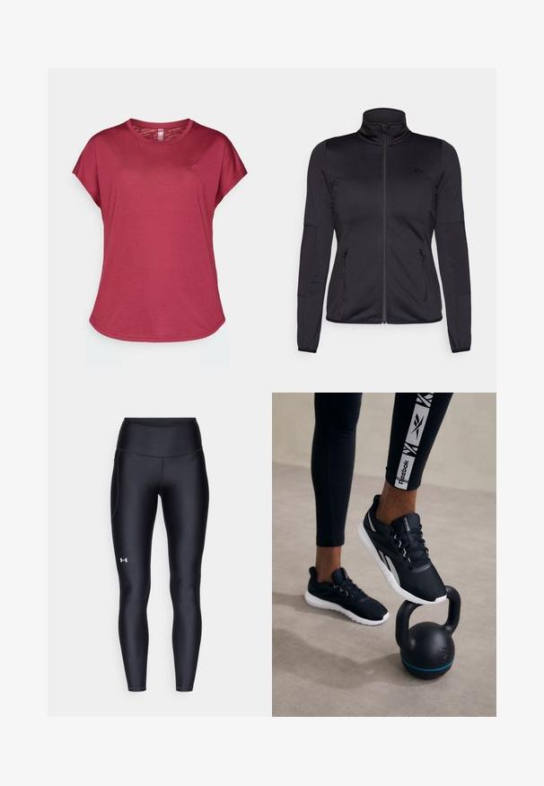 Črna jakna na zadrgo z visokim ovratnikom, izdelana iz gladkega, raztegljivega materiala, z dvema sprednjima žepoma na zadrgo in teksturiranimi rokavi.; T-shirta v berry barvi s kratkimi rokavi, okroglo izrezom, mehko teksturo, sproščenim krojem in subtilnim logotipom na sprednji levi strani.; Črne pajkice iz gladkega, elastičnega materiala z visokim pasom. Imajo bel logotip na levem stegnu in oprijet kroj.; Črne športne čevlje z teksturiranim zgornjim delom, belo podplatom in sivimi detajli, postavljene na črni kettlebell z modrim trak osrednje postavitev na nevtralni podlagi.