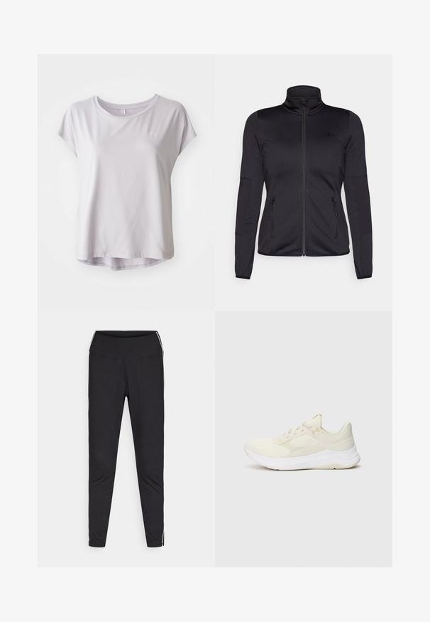 Fekete cipzáras dzseki magas gallérral, sima, rugalmas anyagból készült, elöl két cipzáras zsebbel és texturált ujakkal.; Világosszürke, rövid ujjú sportpóló, sima, lélegző anyagból; kerek nyakkivágás finoman ívelt hempergővel a laza illeszkedés érdekében.; Fekete leggings rugalmas anyagból. Magas derék, szűkített fazon, fehér oldalcsíkokkal a külső varrások mentén. Sima felület.; Világos színű sportcipők, amelyek hálós és szintetikus anyagokból készültek, texturált felsőrészük, párnázott talpuk és visszafogott logózásuk van.