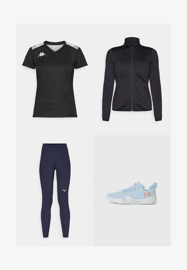 Black zip-up jacket with a high collar, constructed from smooth, stretchy fabric, featuring two zippered front pockets and textured sleeves.; Black athletic shirt with short sleeves. Features a V-neck design, gray shoulder accents, and a white logo on the left chest. Smooth texture.; Navy blue leggings with high waistband, made of stretchy material. Features a pink logo on the lower left leg. Smooth, form-fitting design.; Light blue athletic shoe made of mesh material with a textured sole, featuring an orange logo and lace-up design.