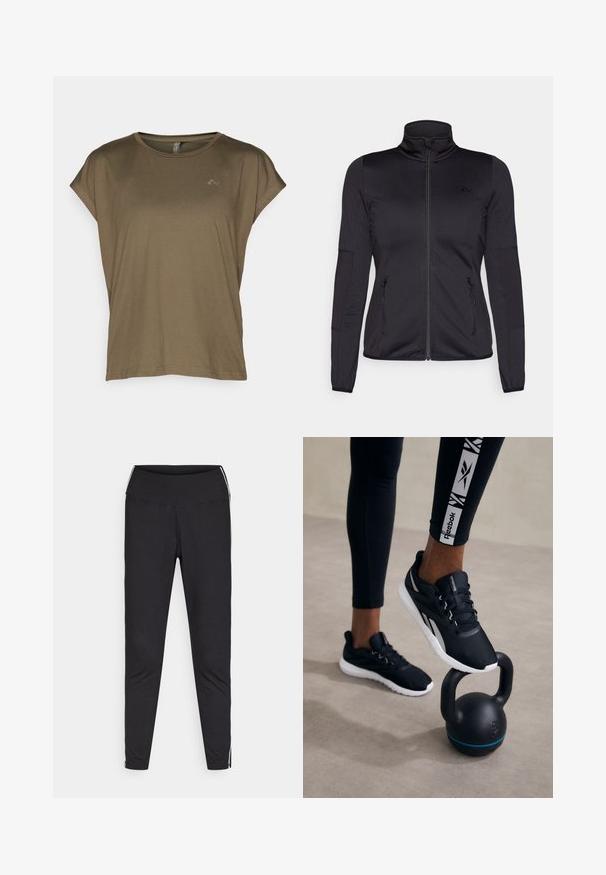 Juoda zip-up striukė su aukštu apykakle, pagaminta iš lygaus, elastingo audinio, turinti dvi užtrauktukais uždaromas priekinės kišenes ir tekstūruotas rankoves.; ONLY Play ONPAUBREE LIFE ON BAT LOOSE - Sportiniai marškinėliai trumpomis rankovėmis - kalamata; Juodos tamprės pagamintos iš elastingos medžiagos. Aukštas juosmuo, siaurėjantis fasonas, turi baltus šoninius raštus palei išorinius siūlus. Lygus paviršius.; Juodi sportiniai bateliai su tekstūruotu viršumi, balta padas ir pilkų akcentų, padėti ant juodo ketlebelo su mėlynu dryžiu, prieš neutralų foną.