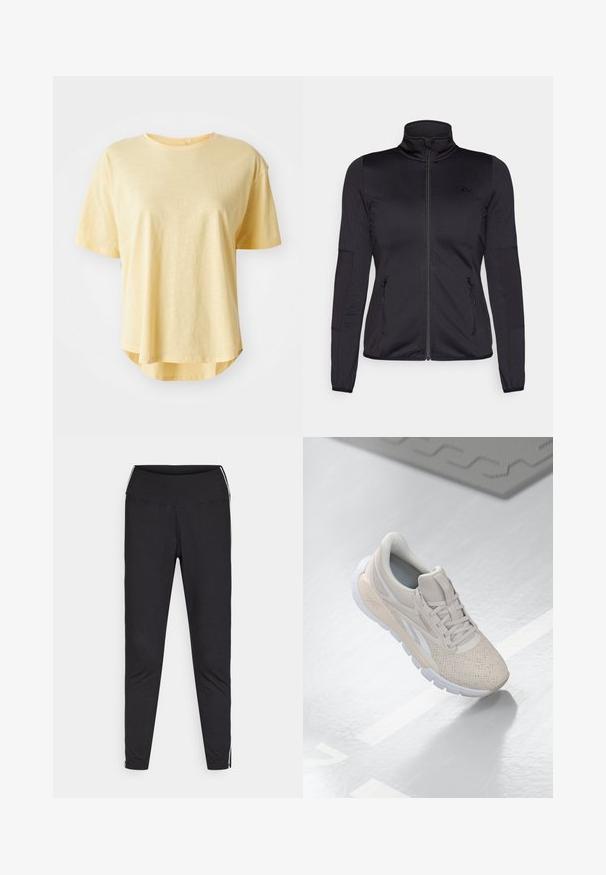 Jaqueta preta com fecho éclair e gola alta, feita de um tecido liso e elástico, apresentando dois bolsos frontais com fecho éclair e mangas texturizadas.; T-shirt amarela de manga curta com um corte descontraído, decote redondo, bainha ligeiramente curvada e textura de tecido suave.; Leggings pretos feitos de tecido elástico. Cintura alta, ajuste justo, com riscas brancas nas costuras exteriores. Textura suave.; Shoe desportivo beige claro com parte superior perfurada, detalhes texturizados, colarinho acolchoado e sola de borracha branca, projetado para conforto e respirabilidade.