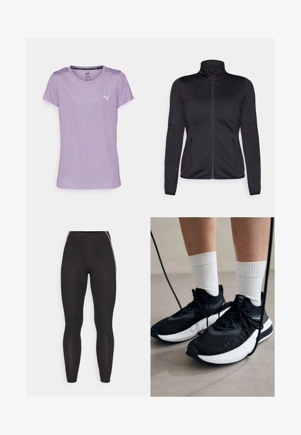 Črna jakna na zadrgo z visokim ovratnikom, izdelana iz gladkega, raztegljivega materiala, z dvema sprednjima žepoma na zadrgo in teksturiranimi rokavi.; Puma PERFORMANCE TEE - Športne majice - pale plum; Črne legice iz raztegljivega materiala z visokim pasom. Imajo bele stranske črte in gladko teksturo po vsej dolžini.; Črne športne čevlje z strukturirano tkanino, belo podplatom in črnimi vezalkami. Nosi se z belimi rebrastimi nogavicami, stoje na svetli površini.