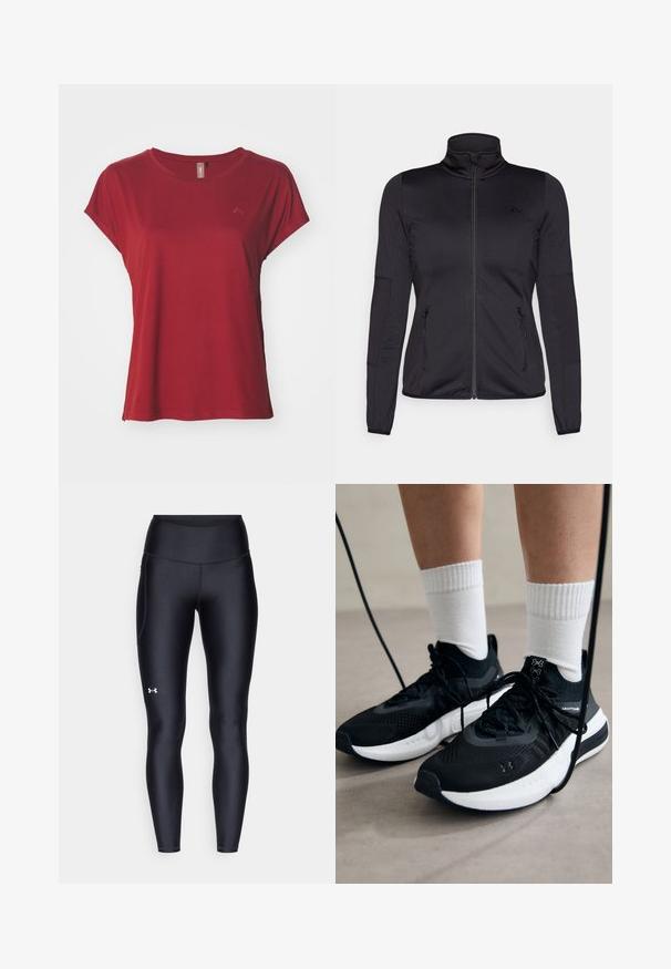 Sort zip-jakke med høj krave, fremstillet af glat, strækbart stof, med to lynlåslommer foran og strukturerede ærmer.; ONLY Play ONPAUBREE LIFE ON BAT LOOSE TEE - T-shirts basic - sun-dried tomato; Sorte leggings lavet af glat, strækbart materiale med høj talje. Har et hvidt logo på venstre lår og en tætsiddende design.; Sorte sportssko med tekstureret stof, hvid sål og sorte snørebånd. Båret med hvide ribbede sokker, stående på en lys overflade.