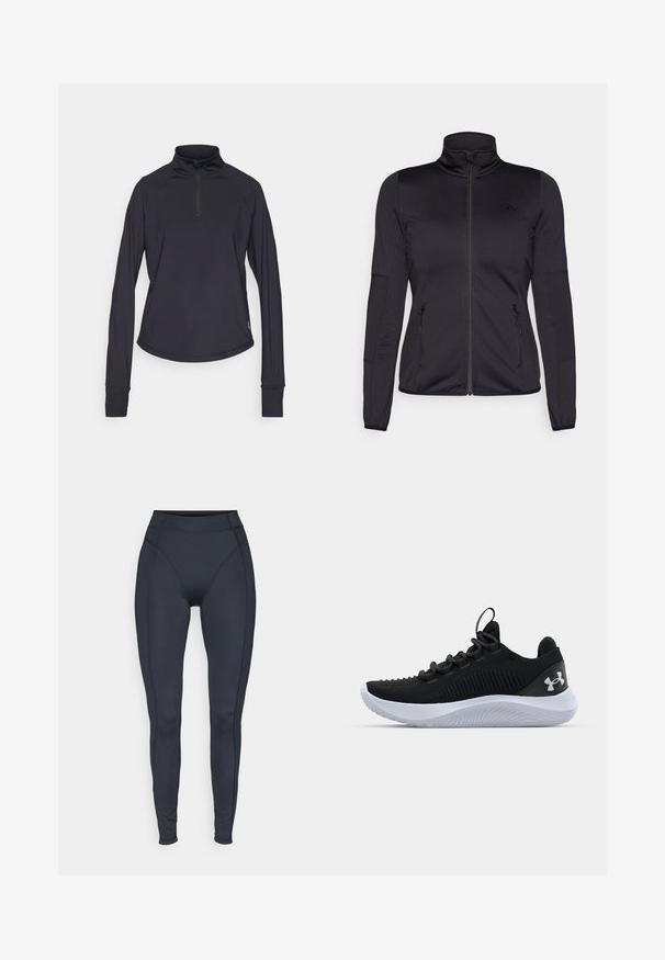 Čierna zipsová bunda s vysokým golierom, vyrobená z hladkého, elastického materiálu, so zipsovými prednými vreckami a štruktúrovanými rukávmi.; ONLY Play ONPSTEN LIFE WARM TOP - Top s dlhým rukávom - black; Čierne legíny s vysokým pásom vyrobené z elastického materiálu, so bezšvovými stranami a priliehavým strihom pre komfort a pohyblivosť.; Čierne športové topánky s priedušným sieťovaným zvrškom, štruktúrovanými detailmi a bielou gumovou podrážkou. Obsahujú ploché šnúrky a pútko na päte.