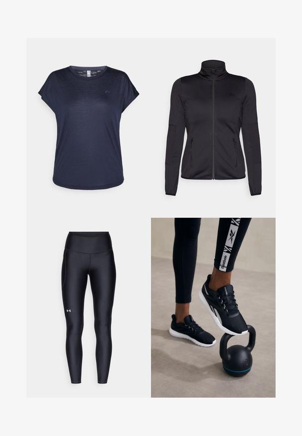 Sort zip-jakke med høj krave, fremstillet af glat, strækbart stof, med to lynlåslommer foran og strukturerede ærmer.; Marineblå kortærmet t-shirt lavet af let stof, med rund halsudskæring og diskret logo på brystet.; Sorte leggings lavet af glat, strækbart materiale med høj talje. Har et hvidt logo på venstre lår og en tætsiddende design.; Svarte atletiske sko med en tekstureret overdel, hvid sål og grå accenter, placeret på en sort kettlebell med en blå stribe, mod en neutral baggrund.