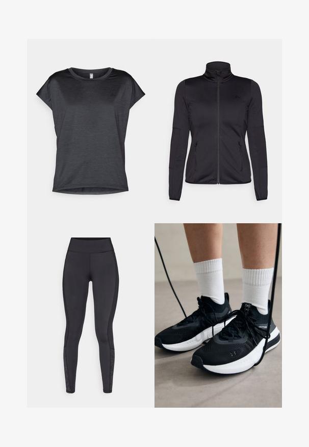 Černá bunda na zip s vysokým límcem, vyrobená z hladkého, elastického materiálu, se dvěma předními kapsami na zip a texturovanými rukávy.; Krátký rukáv, tmavě šedé tričko s kulatým výstřihem, vyrobené z lehké tkaniny, s hladkým povrchem a uvolněným střihem.; Černé legíny vyrobené z elastického materiálu. Vysoký pas, hladká textura, se vzorovanými akcenty na dolní části nohou.; Černé sportovní boty s texturovanou tkaninou, bílou podrážkou a černými tkaničkami. Nosené s bílými žebrovanými ponožkami, stojící na světlém povrchu.