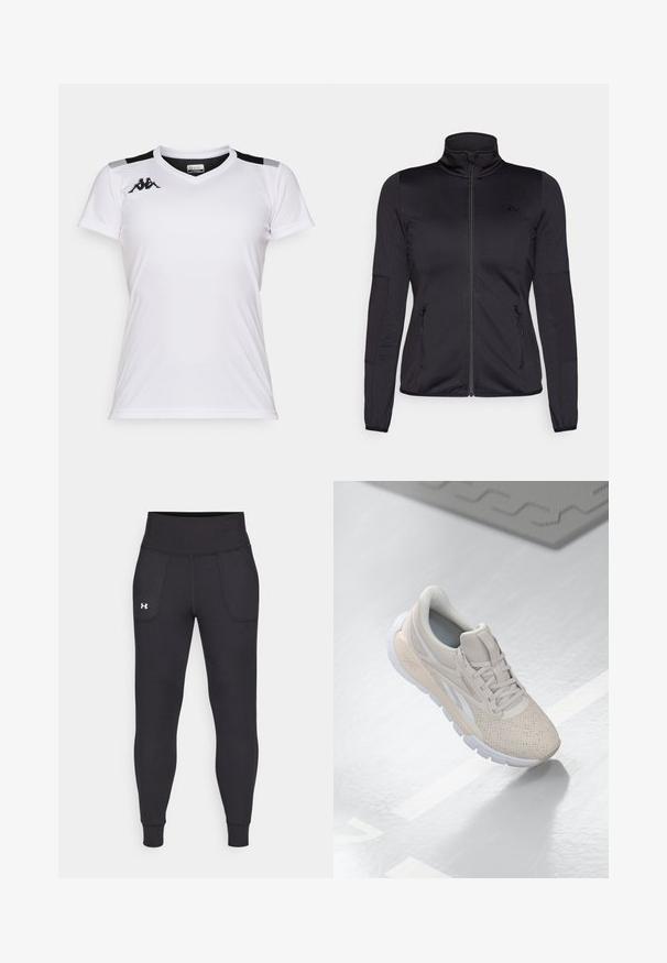 Jaqueta preta com fecho éclair e gola alta, feita de um tecido liso e elástico, apresentando dois bolsos frontais com fecho éclair e mangas texturizadas.; Camiseta atlética branca feita de tecido leve. Apresenta um decote em V, mangas curtas e pormenores em preto nos ombros. Logótipo da Kappa no peito.; Leggings atléticos pretos, feitos de material elástico, com uma cintura alta, bolsos laterais e punhos ajustados no tornozelo.; Shoe desportivo beige claro com parte superior perfurada, detalhes texturizados, colarinho acolchoado e sola de borracha branca, projetado para conforto e respirabilidade.