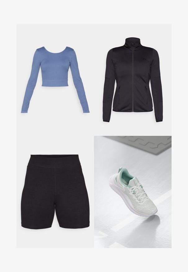 Jaqueta preta com fecho éclair e gola alta, feita de um tecido liso e elástico, apresentando dois bolsos frontais com fecho éclair e mangas texturizadas.; Top cropped de mangas longas feito de um suave tecido canelado azul. Apresenta um decote redondo e um design ajustado com detalhes de costura mínimos.; Calções de ciclismo pretos com uma cintura alta, feitos de um tecido elástico e suave. Apresentam costuras planas e uma textura lisa para conforto.; Sapatilha atlética cinza claro com parte superior em malha texturizada, detalhes em verde menta, atacadores brancos, sola de borracha e etiqueta de puxar no calcanhar.