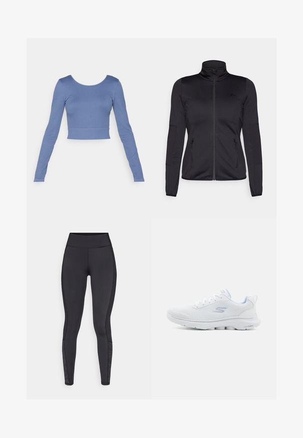 Fekete cipzáras dzseki magas gallérral, sima, rugalmas anyagból készült, elöl két cipzáras zsebbel és texturált ujakkal.; Hosszú ujjú, rövidített felső puha, kék bordázott anyagból. Kerek nyakkivágással és testhezálló kialakítással rendelkezik, minimális varrási részletekkel.; Fekete leggings rugalmas anyagból. Magas derékú övrész, sima textúrával, az alsó lábszáron mintás kiegészítőkkel.; Fehér sportcipő légáteresztő hálós felsőrésszel, világoskék részletekkel és párnázott talppal, amelyen texturált tapadó mintázat található.