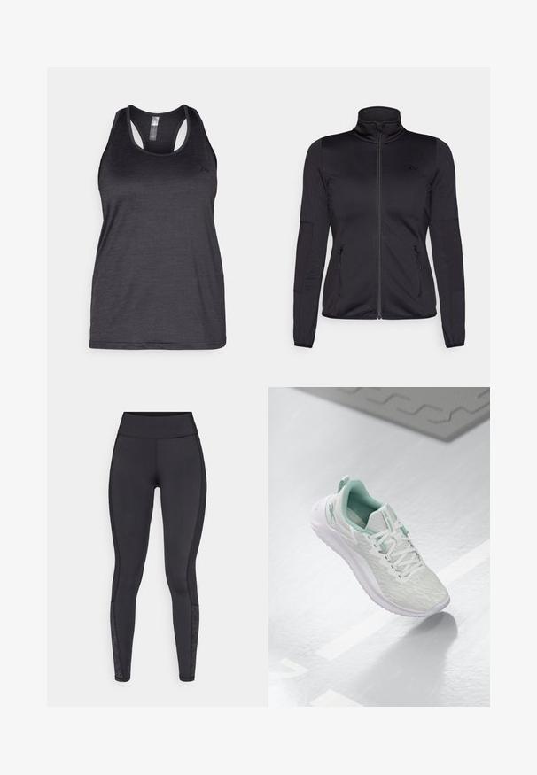 Schwarze Zip-Jacke mit hohem Kragen, gefertigt aus glattem, dehnbarem Material, mit zwei vorderen Reißverschlusstaschen und strukturierten Ärmeln.; ONLY Play ONPCORE LIFE ON - Top - black; Schwarze Leggings aus dehnbarem Material. Hoher Bund, glatte Textur, mit gemusterten Akzenten am Unterschenkel.; Hellgraue Sportchuhe mit einem strukturierten Strickoberteil, mintgrünen Akzenten, weißen Schnürsenkeln, Gummisohle und einer Schlaufe an der Ferse.