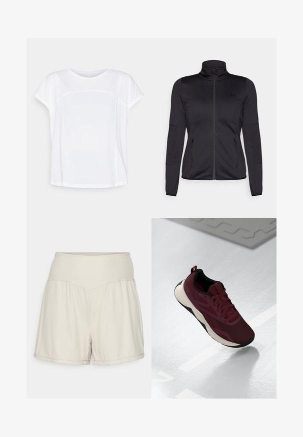 Černá bunda na zip s vysokým límcem, vyrobená z hladkého, elastického materiálu, se dvěma předními kapsami na zip a texturovanými rukávy.; ONLY Play ONPAUB-FIA ON BAT LOOSE TEE - Jednoduché tričko - white; Světlé béžové kraťasy s texturovaným žebrovaným pasem, volným střihem a pohodlným střihem. Obsahují šité lemy a boční rozparky pro větší flexibilitu.; Bordová sportovní obuv s síťovaným svrškem, černými akcenty a polstrovanou bílou podešví. Obsahuje šněrování a poutko na patě.