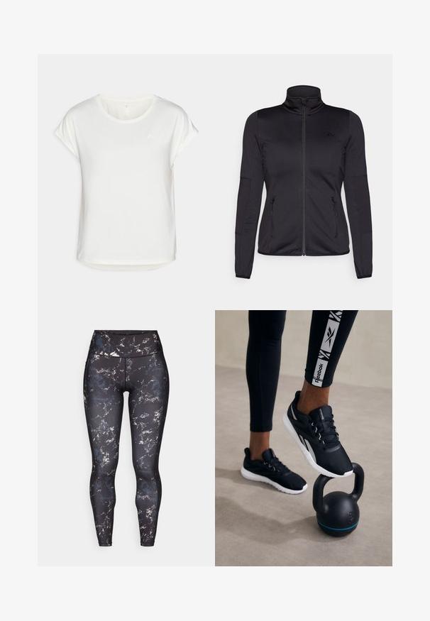 Giacca zip-up nera con colletto alto, realizzata in un tessuto liscio e elasticizzato, dotata di due tasche frontali con zip e maniche strutturate.; T-shirt bianca a maniche corte con scollatura rotonda, realizzata in tessuto morbido. Presenta maniche arrotolate e un discreto dettaglio del logo sul petto.; Leggings a vita alta con una base nera e un motivo marmorizzato in colori tenui. Materiale liscio ed elastico con cuciture a contrasto e senza hardware visibile.; Scarpe sportive nere con una parte superiore testurizzata, suola bianca e dettagli grigi, posizionate su un kettlebell nero con una striscia blu, su uno sfondo neutro.