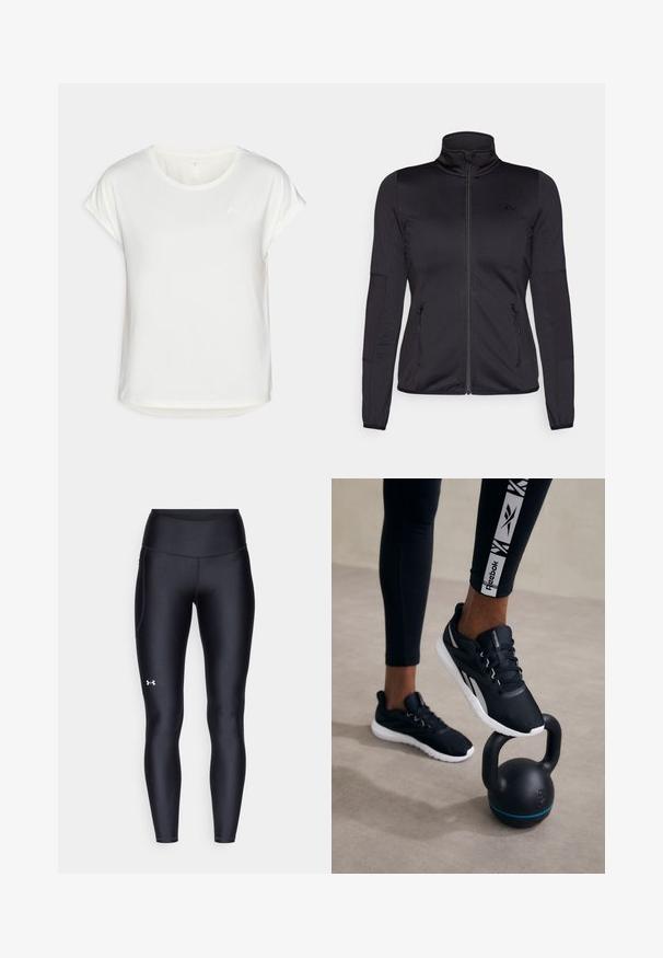 Zwarte zip-up jas met hoge kraag, gemaakt van een gladde, rekbare stof, met twee met rits gesloten voorzakken en gestructureerde mouwen.; Witte T-shirt met korte mouwen en een ronde halslijn, gemaakt van soepele stof. Heeft opgerolde mouwen en een subtiele logodetail op de borst.; Zwarte leggings van glad, rekbaar materiaal met een hoge tailleband. Heeft een wit logo op de linkerdij en een aansluitend ontwerp.; Zwarte sportieve schoenen met een gestructureerde bovenkant, witte zool en grijze accenten, geplaatst op een zwarte kettlebell met een blauwe streep, tegen een neutrale achtergrond.