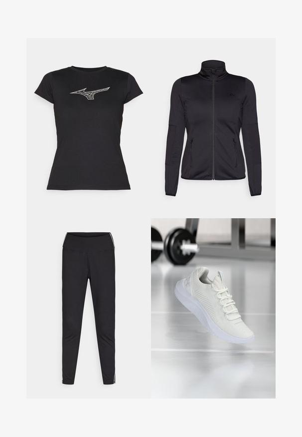 Melns zip-up jakas ar augstu apkakli, izgatavota no gludas, elastīgas auduma, ar divām kabatām priekšpusē ar rāvējslēdzējiem un teksturētām piedurknēm.; Melna īsām piedurknēm T-kreklā izgatavots no kokvilnas, ar baltu ģeometrisku Mizuno logotipu priekšpusē. Klasisks apaļā kakla dizains.; Melnas legiņas, izgatavotas no elastīga materiāla. Augsts jostasvieta, pieguļošs piegriezums, ar baltām sānu svītrām gar ārējām šuvēm. Gluda tekstūra.; Baltas sporta apavi ar teksturētu sietu augšdaļu un sasiešanas sistēmu, ar mīkstu baltu zoli un smalkiem ribotiem akcentiem.