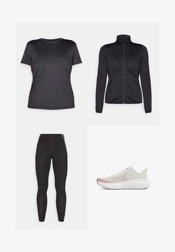 Must ehk üles tõmmatav jakk, millel on kõrge krae, valmistatud siledast ja venivast kangast, millel on kaks lukuga esikotid ja tekstureeritud varrukad.; Hall grey lühikeste varrukatega T-särk, mis on valmistatud kergest kangast, ümmarguse kaelusega, sileda tekstuuriga ja diskreetse logoga rinnal.; Mustad mustad retuusid, mis on valmistatud venivast materjalist ja kõrge vöökoht. Omab valgeid külgkreedo ja ühtlast tekstuuri.; Kerged sportlikud jalanõud hingava valge sissetöödeldud võrgu pealmise osaga, gradient roosa aktsendiga ja paksu valge tallaga, millel on tekstuuriga detailid.