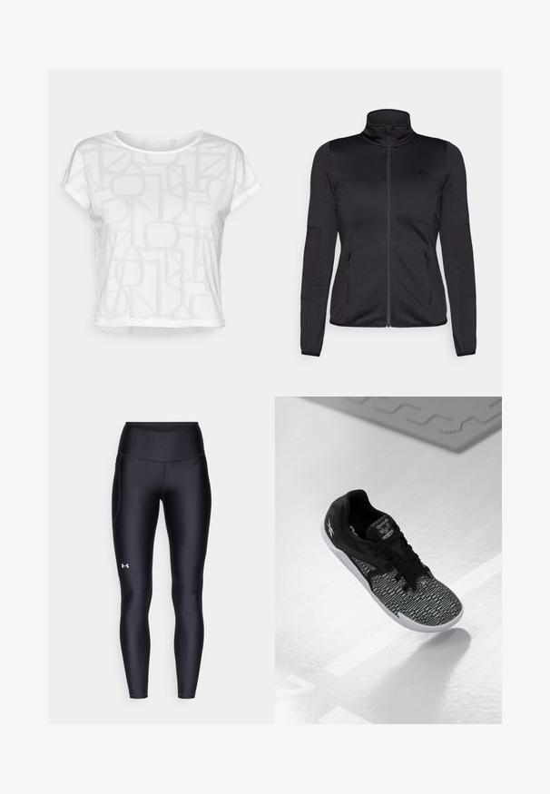 Black zip-up jacket with a high collar, constructed from smooth, stretchy fabric, featuring two zippered front pockets and textured sleeves.; White short-sleeve t-shirt featuring a textured geometric pattern in a slightly lighter shade, with a round neckline and relaxed fit.; Black leggings made of smooth, stretchy material with a high waistband. Features a white logo on the left thigh and fitted design.; Black athletic shoe with a textured, patterned mesh upper, black laces, and a white sole. Features Reebok branding on the tongue and side.