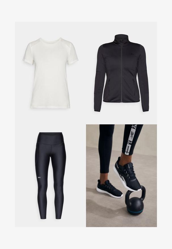 Must ehk üles tõmmatav jakk, millel on kõrge krae, valmistatud siledast ja venivast kangast, millel on kaks lukuga esikotid ja tekstureeritud varrukad.; Valge lühikeste varrukatega t-särk, mis on valmistatud pehmest kangast, ringkaelusega ja mugava lõikega, sujuvate ja õmblusteta õlavarre kaunistustega.; Mustad mustad, venitatud materjalist, kõrge vöökoht. Vasakul reie kohal on valge logo ning tihe disain.; Mustad sportjalatsid, millel on tekstuuriga pealne, valge talla ja hallid detailid, asetsevad musta kettlebelli peal, millel on sinine triip, neutraalses taustas.