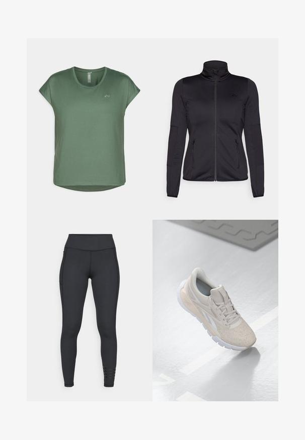 Schwarze Zip-Jacke mit hohem Kragen, gefertigt aus glattem, dehnbarem Material, mit zwei vorderen Reißverschlusstaschen und strukturierten Ärmeln.; Grünes T-Shirt mit kurzen Ärmeln, Rundhalsausschnitt, weichem Stoff, lockerem Schnitt und einem dezenten Logo-Detail auf der Vorderseite.; Schwarze Leggings aus dehnbarem Material, mit einem hohen Bund, elegantem Design und gestreiften Akzenten in der Nähe des Knöchels.; Hellbeige Sportschuh mit einem perforierten Obermaterial, strukturierten Akzenten, gepolstertem Schaftrand und weißer Gummisohle, entworfen für Komfort und Atmungsaktivität.